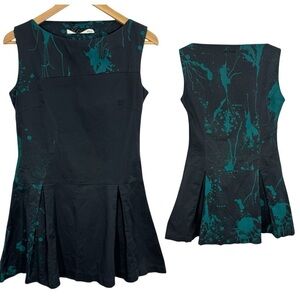 Skunkfunk Skater Dress Sz M Navy Teal Fitted Short Paint Splatter Grunge VGUC
